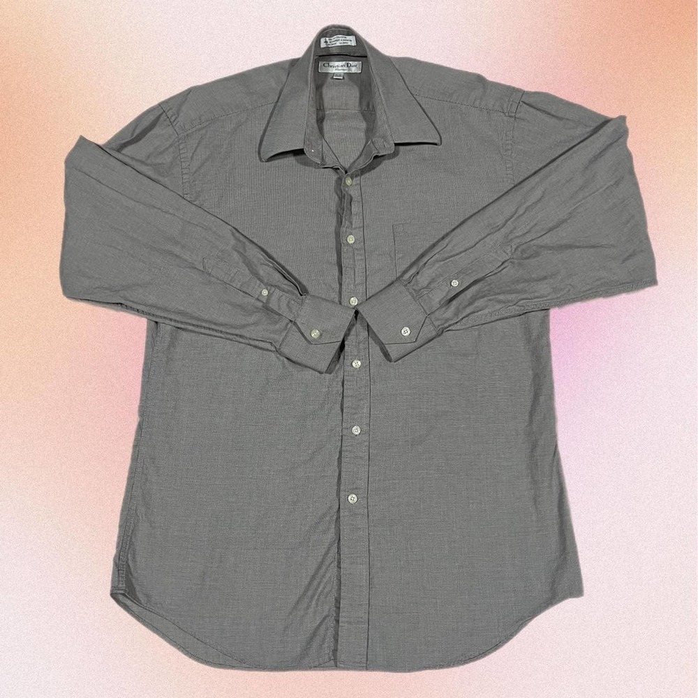 Vintage Christian Dior Chemise Button Up Shirt Gray Check Collar 15.5 Neck 34/35